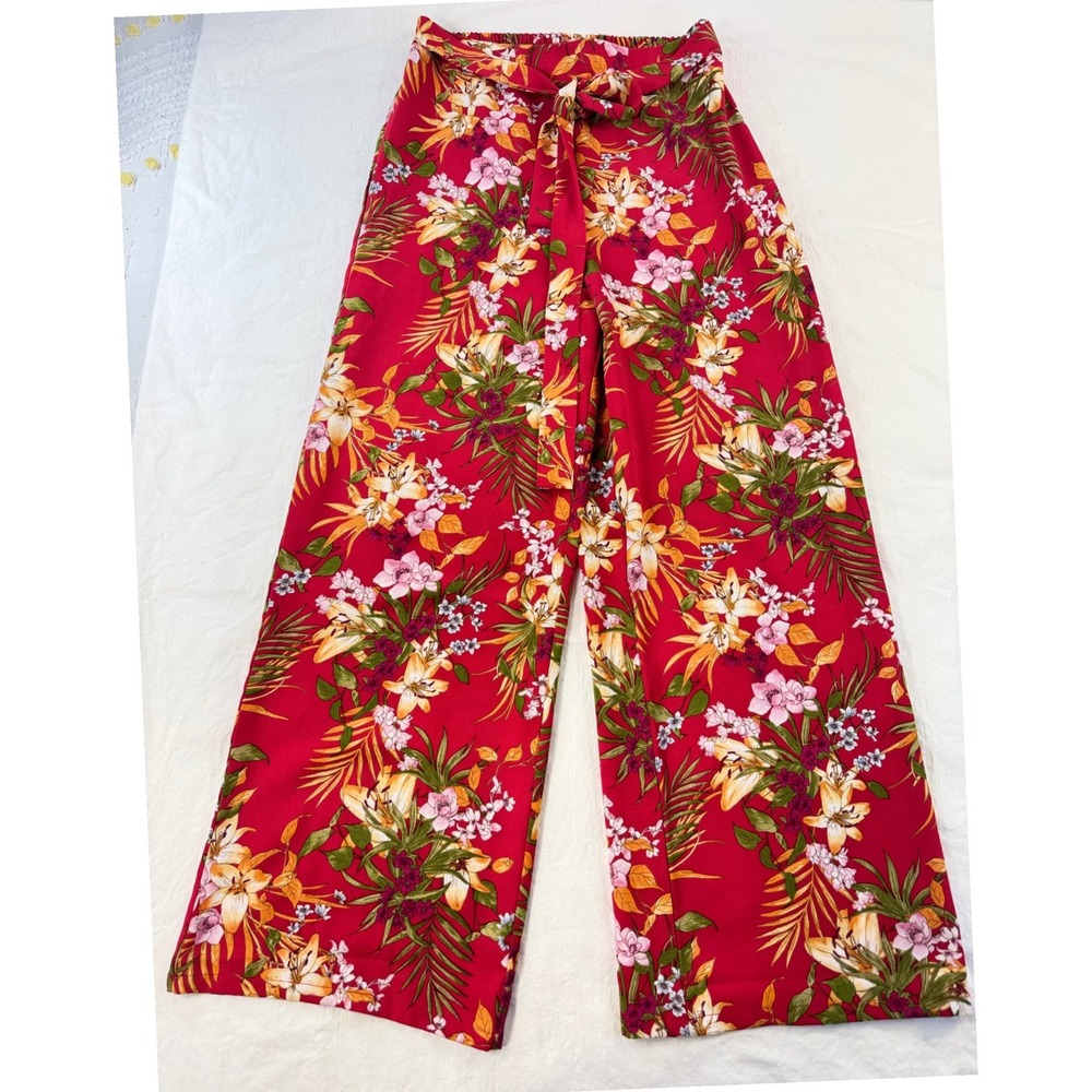 E&M Red Tropical Floral Wide Leg‎ Pants Small High Rise Tie Waist EM5337